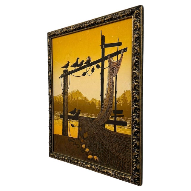 Mid-Century Modern Vintage Walton Butts "Fishnets" Signed Serigraph – Mid-Century Modern Coastal Harbor Silkscreen Print.. For Sale - Image 3 of 7