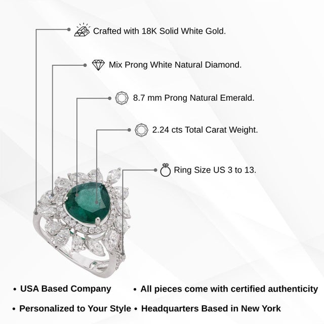 Luxury 2.24Ct Natural Emerald & 1.91Ct Diamond Halo Cocktail Ring Size 8 in 18k Gold For Sale - Image 11 of 16