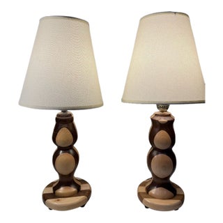 Vintage Danish-Modern Studio Craft Two-Tone Hand-Turned Wood Table Lamps - a Pair For Sale