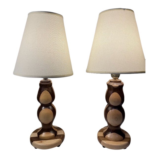 Vintage Danish-Modern Studio Craft Two-Tone Hand-Turned Wood Table Lamps - a Pair For Sale