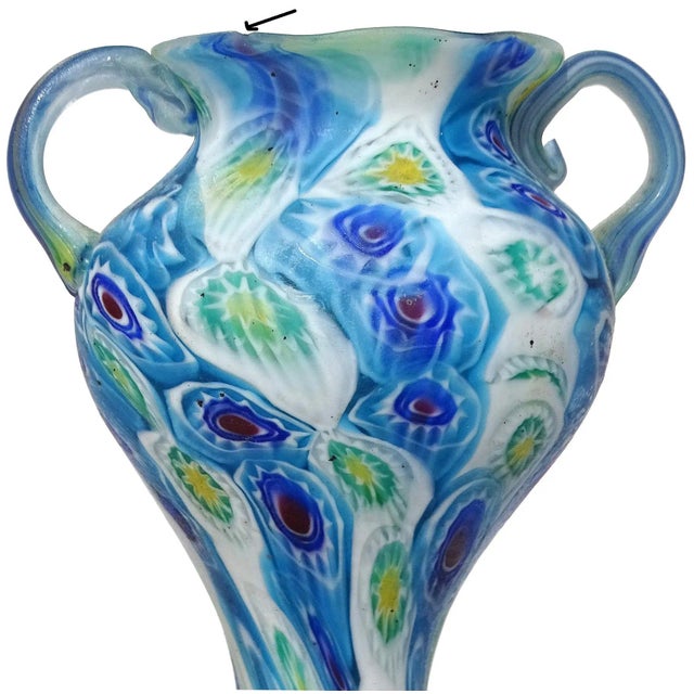 Fratelli Toso Murano Antique Italian Art Glass Millefiori Flowerr Mosaic Double Handles Design Vase For Sale In Orlando - Image 6 of 7