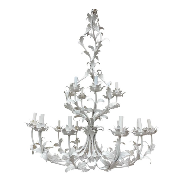 18 Arm Italian Chandelier, Hand-Crafted Metal in White, Mid-Century Modern For Sale