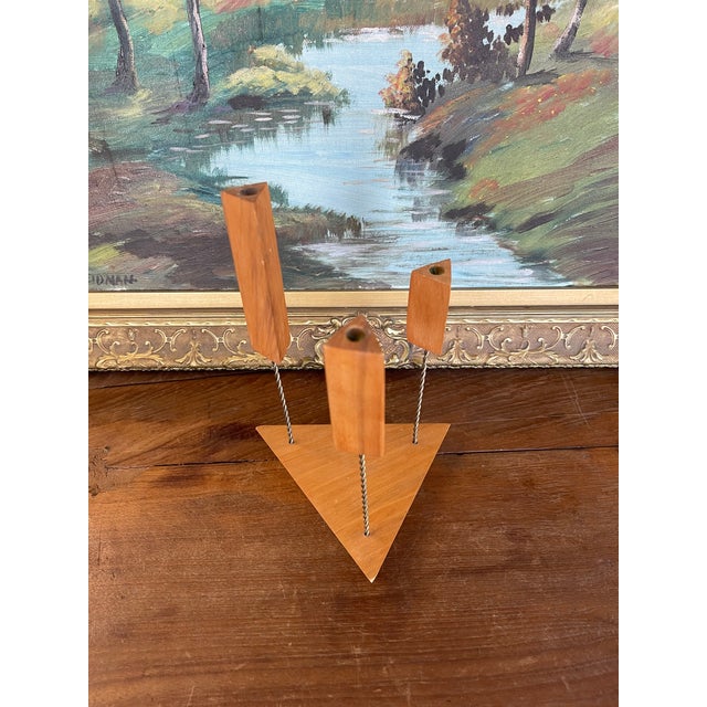 Mid-Century Modern Possibly Teak and Twisted Metal Triple Candle Holder With Geometric Base For Sale - Image 9 of 10