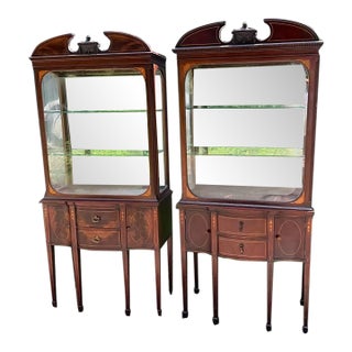 Pair of Vintage George III Carved Mahogany and Satinwood Inlaid Display Cabinets For Sale