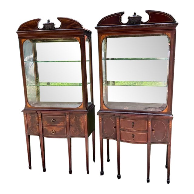 Pair of Vintage George III Carved Mahogany and Satinwood Inlaid Display Cabinets For Sale