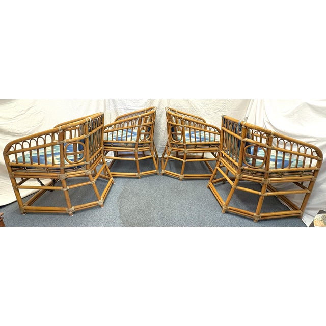 Mid-Century Modern Vintage McGuire Style Rattan and Rawhide Barrel Armchairs With Cushions- Set of 4 For Sale - Image 3 of 12