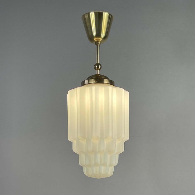 Art Deco White Opaline Glass and Brass Skyscraper Pendant Light, 1930s For Sale - Image 12 of 13