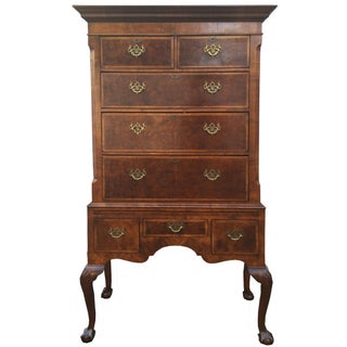 Antique 19th Century English Burl High Boy Chest Drawers For Sale