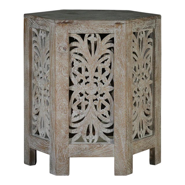Farmhouse Style Handmade Carved Solid Mango Lattice Side Table For Sale
