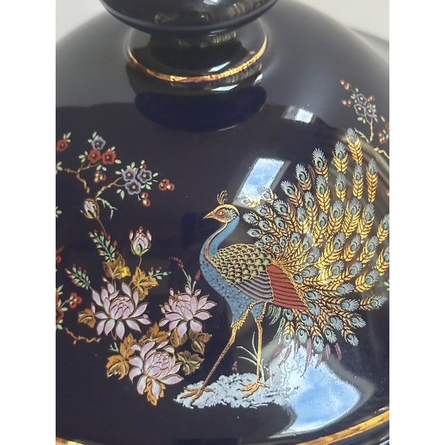 Italian Keramos Capodimonte Cobalt Blue Glaze Ornate Gold Handprinted Peacock and Floral Motif Lidded Round Vase Jar For Sale - Image 4 of 16