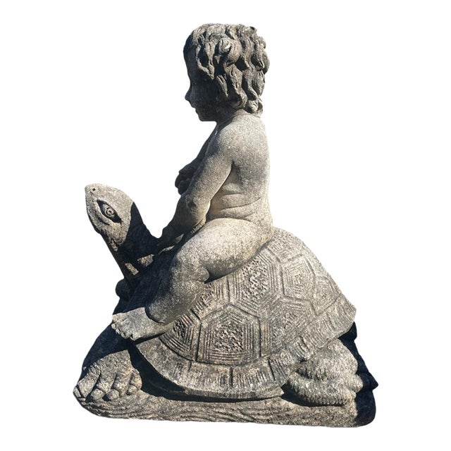 Vintage Limestone Putti Riding a Giant Tortoise Garden Statue For Sale