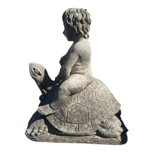 Vintage Limestone Putti Riding a Giant Tortoise Garden Statue