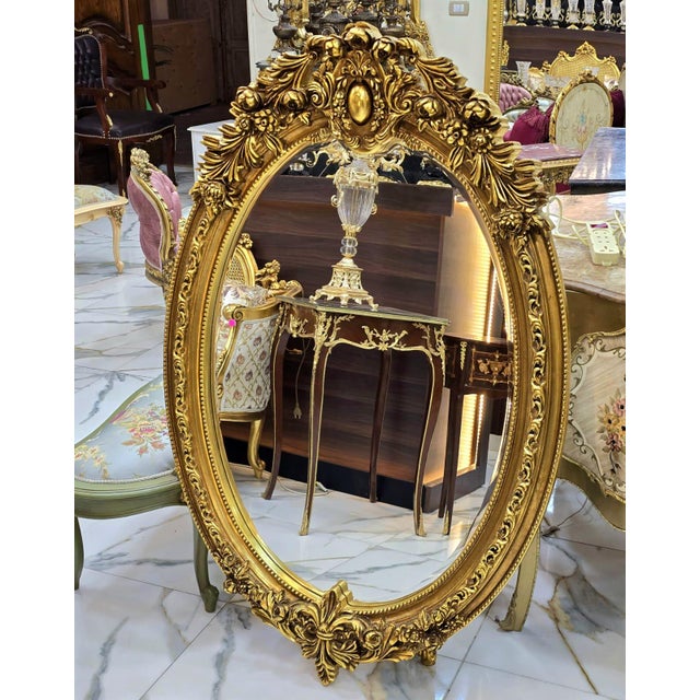 French French Oval Wall Mirror – Hand Carved Gold Leaf Frame With Ornate Floral Details For Sale - Image 3 of 4