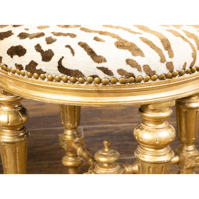 Gold Pair of 19th Century French Giltwood Stools with Fluted Legs and Upholstery For Sale - Image 8 of 10