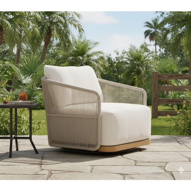 Alpine Teak Wood Modern Swivel Outdoor Arm Chair – Beige For Sale - Image 12 of 17