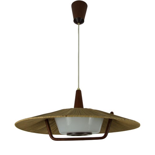 Mid-Century Teak and Cord Shade Hanging Lamp attributed to Temde, 1960 For Sale