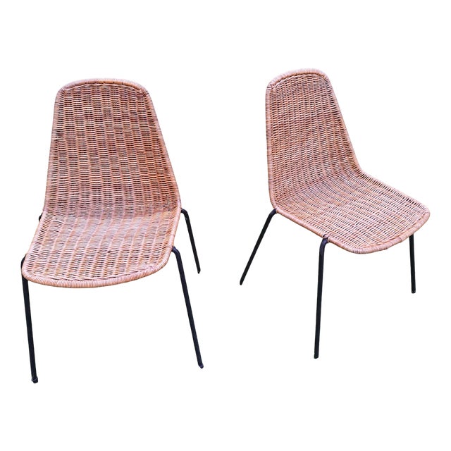 Rattan and Iron Stackable Dining Chairs by Gian Franco Legler, 1960s, Set of 2 For Sale