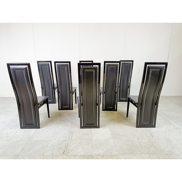 Modern Italian Lacquered Wood and Leather Dining Chairs, 1980s, Set of 8, in Good conditions. Designed 1980 to 1989