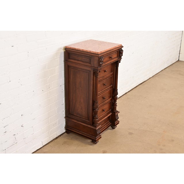 R. J. Horner & Co. Antique Italian Renaissance Revival Carved Walnut and Marble Top Bedside Chest, Circa 1880s For Sale - Image 4 of 12