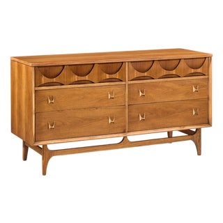 Broyhill Brasilia Mid Century Walnut and Brass 6-Drawer Lowboy Dresser For Sale