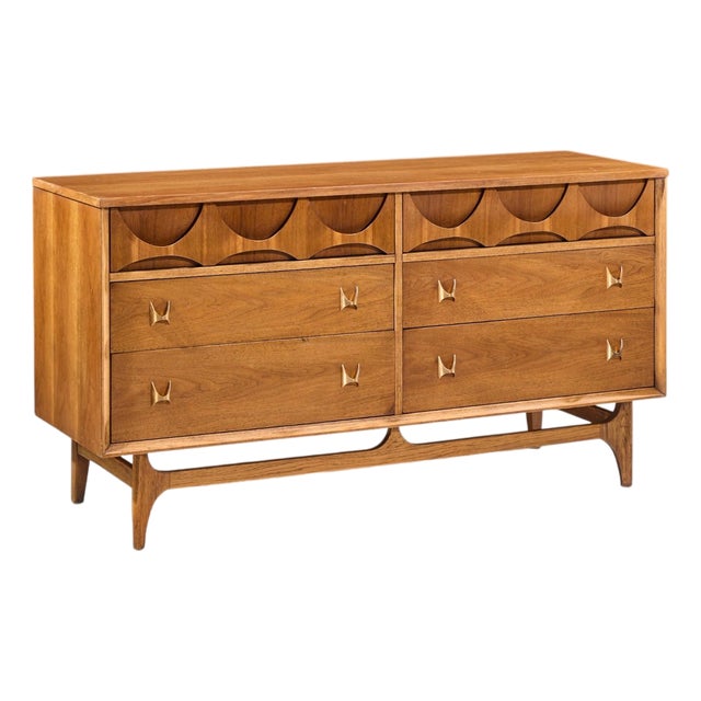 Broyhill Brasilia Mid Century Walnut and Brass 6-Drawer Lowboy Dresser For Sale