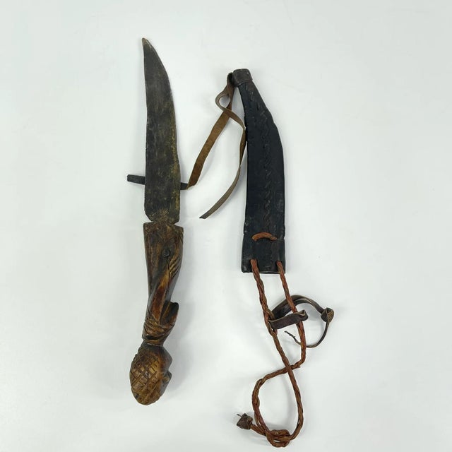 Kongo Knife with Carved Handle &amp; Leather Sheath A striking hand-forged knife from the Kongo region of Central Africa,...