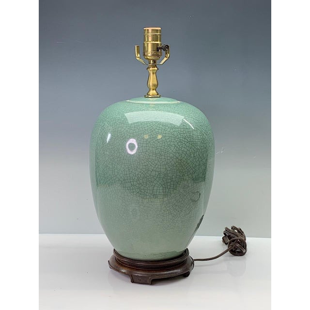 Vintage Chinese Celadon Crackle Glaze Ginger Jar Table Lamp on Carved
