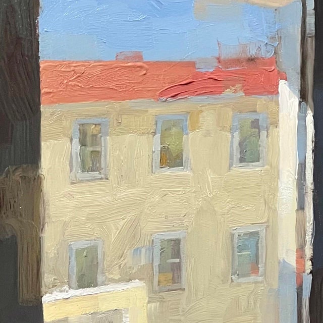 Contemporary Doorway by Kevin Yaun | Oil on panel View through an open doorway to an exterior scene. For Sale - Image 3 of 4