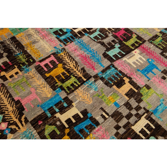 Handmade Modern Moroccan Style Brown Wool Rug With Pictorial Design For Sale - Image 9 of 9