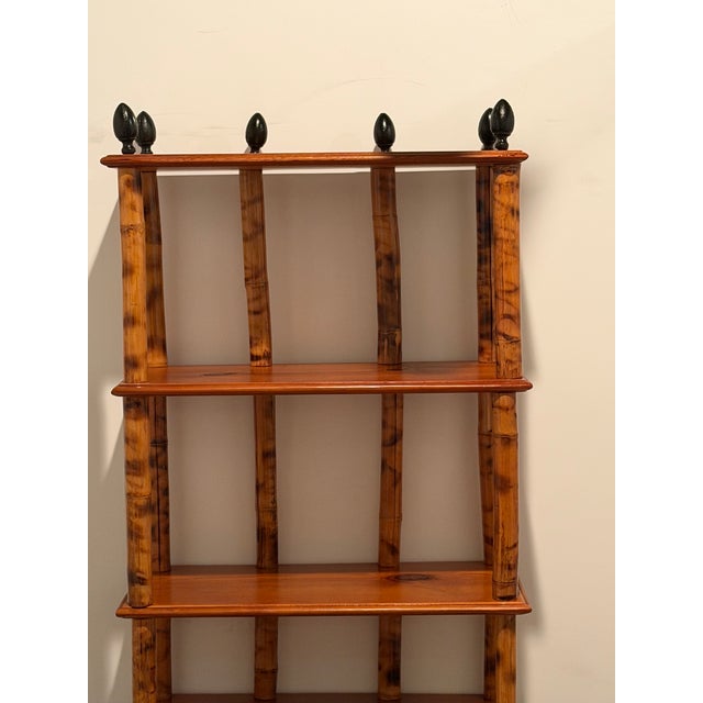 Wood Tall & Narrow Rattan Bamboo Etagere Bookshelf With Iron Finials For Sale - Image 7 of 12