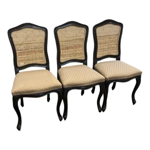 1990s Set of 3 Italian Carved Walnut Cane Back, Fabric Seat Side Chairs