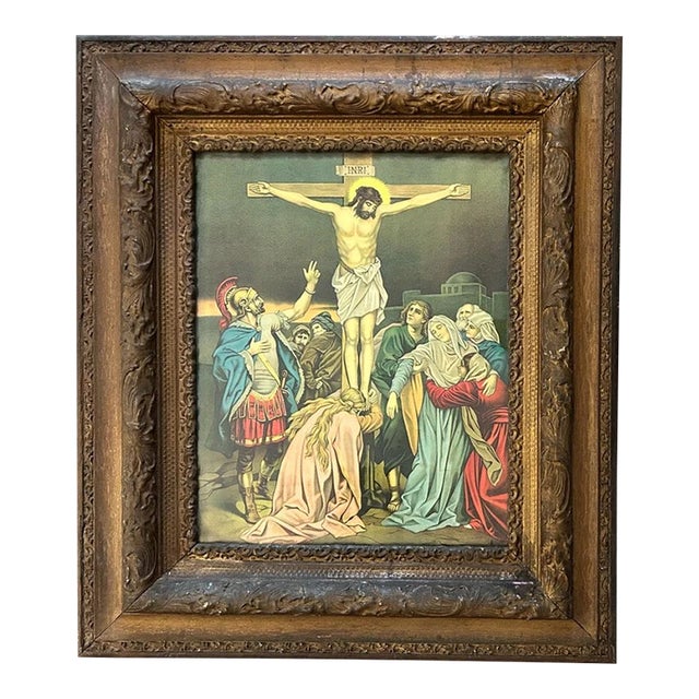 Circa 1900 American Victorian “The Crucifixion of Jesus Christ” Framed Chromolithograph Print Reproduction For Sale