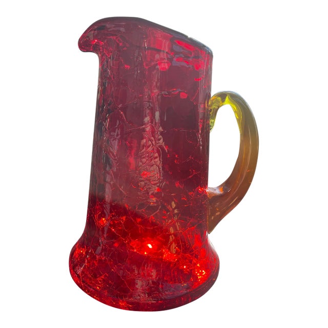 Mid 20th Century Crackle Glass Amberina Pitcher After Blenko, Rainbow or Pilgram Glass For Sale