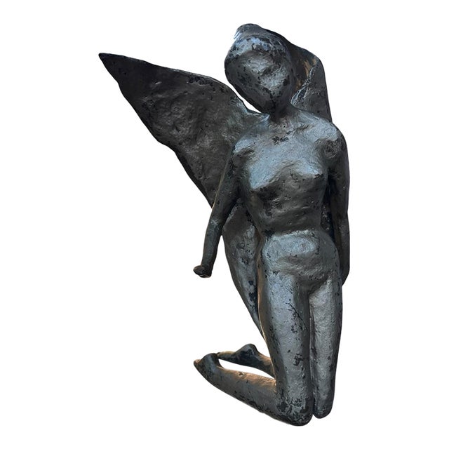 Signed & Dated 1997 Modernist Bronze Kneeling Angel Sculpture For Sale