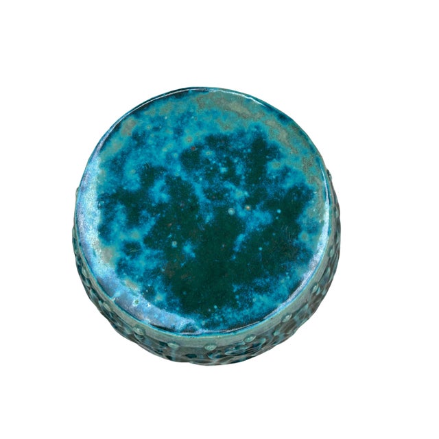 Green Teal Turquoise Swirl Cloud Pattern Round Ceramic Stool Table For Sale - Image 9 of 11