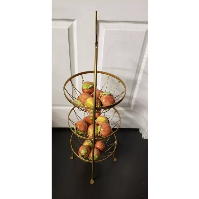 1970s Hollywood Regency Gilt Metal 3 Tier Fruit Basket With Italian Ceramic Apples For Sale In New Orleans - Image 6 of 8