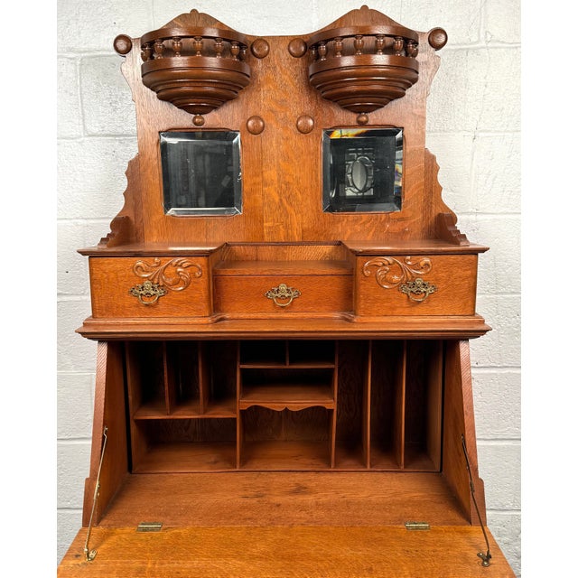 Brown Early 19th Century Victorian Antique Golden Oak Slant Front Secretary Desk Etagere For Sale - Image 8 of 16