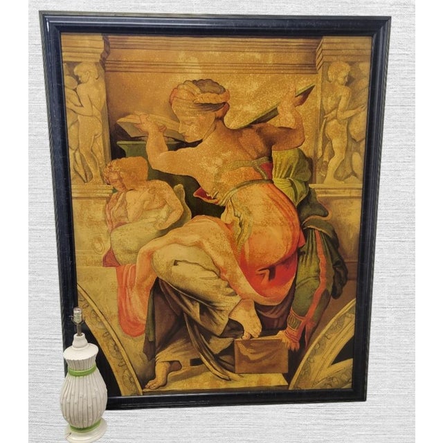 Rustic European 1980s Monumental Reproduction Michaelangelo Sibyl, Erythraean Oil Paintings Framed Art Signed Rueben- A Pair For Sale - Image 3 of 18