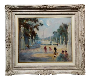 Edmond Langotiere -Children W/Parents at the Park in Paris-Oil Painting