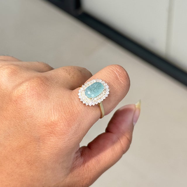 Contemporary 2.14Carats Natural Paraiba Tourmaline Cushion Cut Diamond Halo 14k Gold Ring Size 5 For Sale - Image 3 of 18