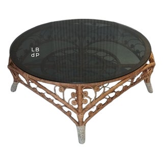 Large French Riviera Style Peacock Coffee Table in Rattan, Bamboo and Glass, 1970s For Sale