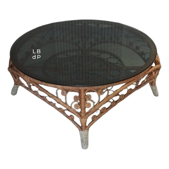 Large French Riviera Style Peacock Coffee Table in Rattan, Bamboo and Glass, 1970s For Sale