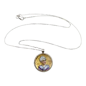 14K Gold Victorian Enamel Miniature Portrait Medallion with 14K Gold Chain