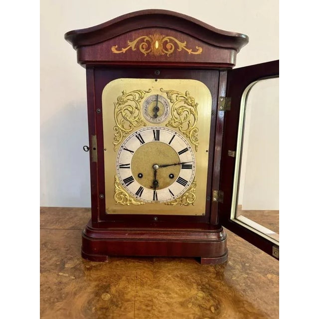 Wood Edwardian Mahogany Inlaid Chiming 8 Day Mantle Clock, 1900s For Sale - Image 7 of 8