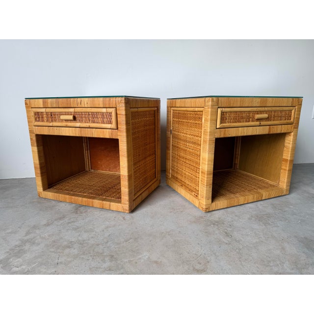 Mid-Century Modern Vintage Coastal Palm Beach Rattan & Woven Cane Nightstands With Glass Tops — A Pair For Sale - Image 3 of 12