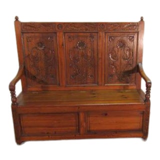 Solid Pine Carved Entry Way Bench With Storage For Sale