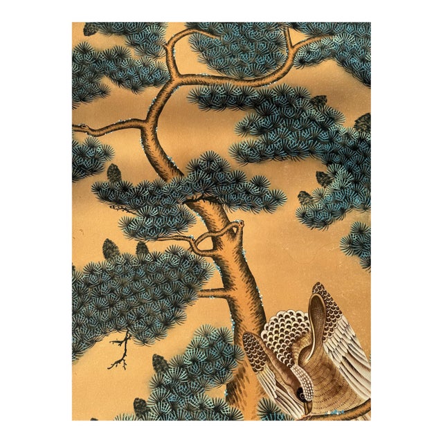 Hand Painted Gold Leaf Wallpaper With Crane & Pine Tree Design, Luxury Chinoiserie Oriental Wallcovering For Sale