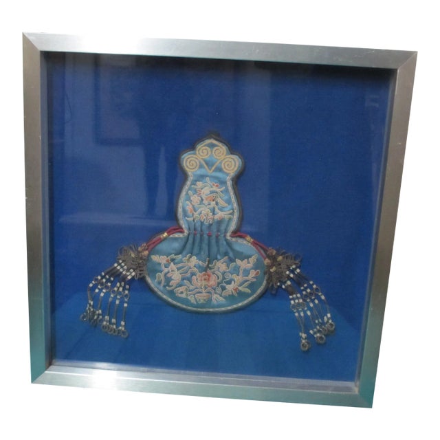 Framed Chinese Qing Dynasty Ornate Bird & Flower Embroidered Silk Purse Satchel For Sale