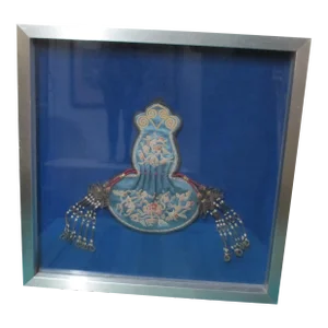 Framed Chinese Qing Dynasty Ornate Bird & Flower Embroidered Silk Purse Satchel