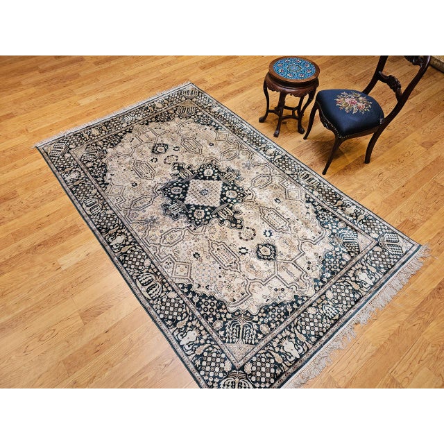 Vintage Indian Silk Rug, Hand-Knotted Geometric Design, 6' x 9' For Sale - Image 4 of 15